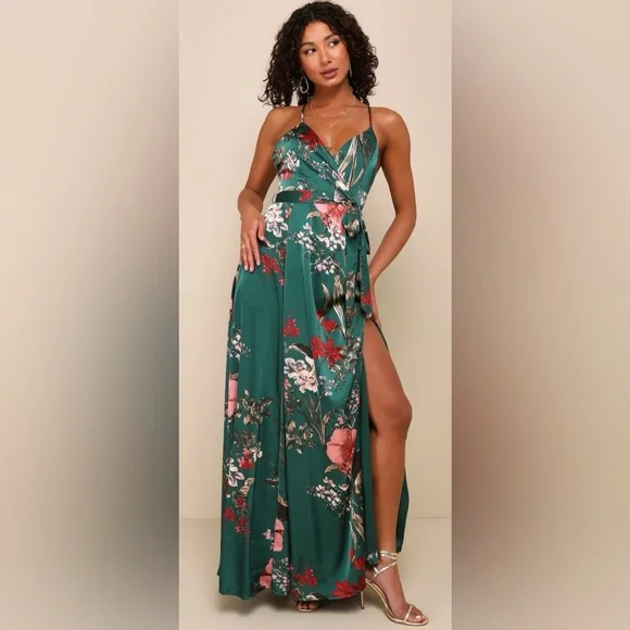 Lulu's Still the One Emerald Green Floral Print Satin Maxi Dress - Picture 1 of 16